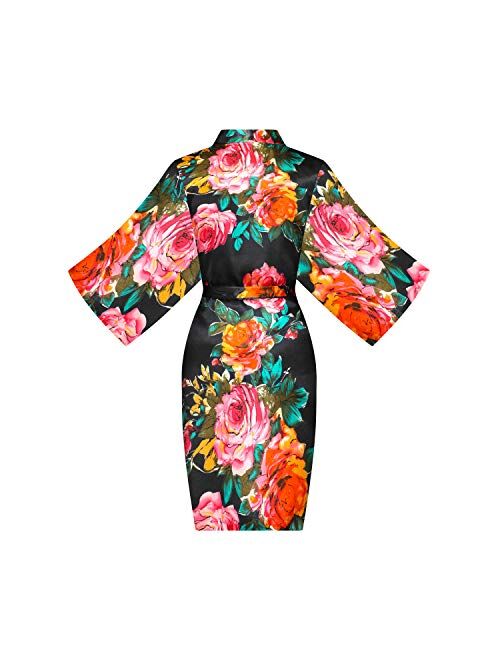 ALHAVONE Women's Rose Flowers Silky Satin Short Kimono Robe for Wedding Getting Ready