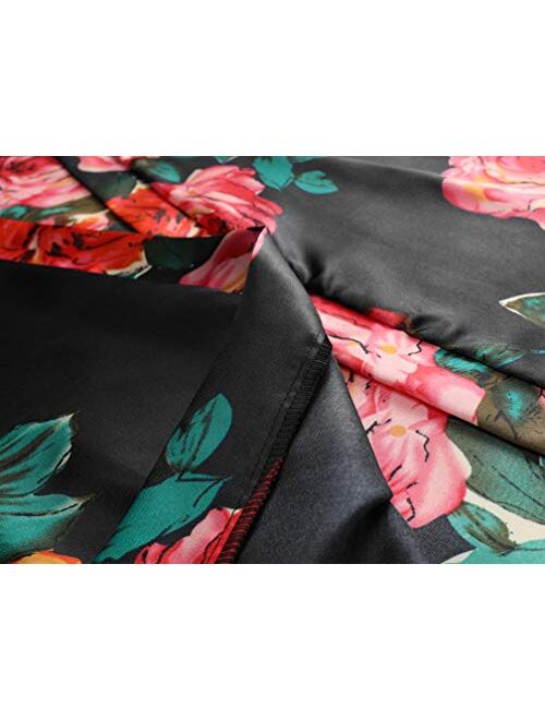ALHAVONE Women's Rose Flowers Silky Satin Short Kimono Robe for Wedding Getting Ready