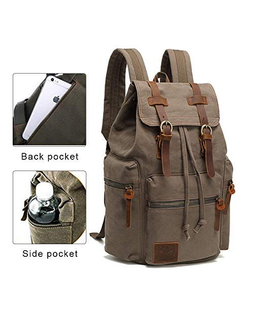 AUGUR Canvas Backpack Vintage Leather Large Laptop Rucksack Bookbag Satchel Hiking Bag