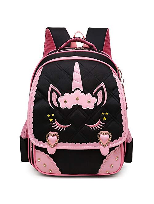 Moonmo Cute Unicorn Face Diamond Sequins Waterproof Princess School Backpack Set Girls Book Bag