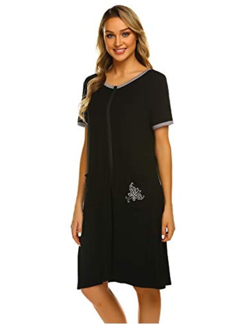 Ekouaer Women Zipper Front House Coat Short Sleeves Robe Zip up Bathrobes Short Nightgown with Pockets