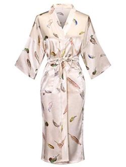 Old-to-new Women's Long Kimono Robe Lightweight Silk Bathrobe Nightgown with Pockets