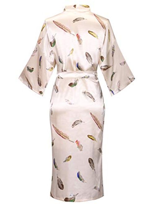 Old-to-new Women's Long Kimono Robe Lightweight Silk Bathrobe Nightgown with Pockets