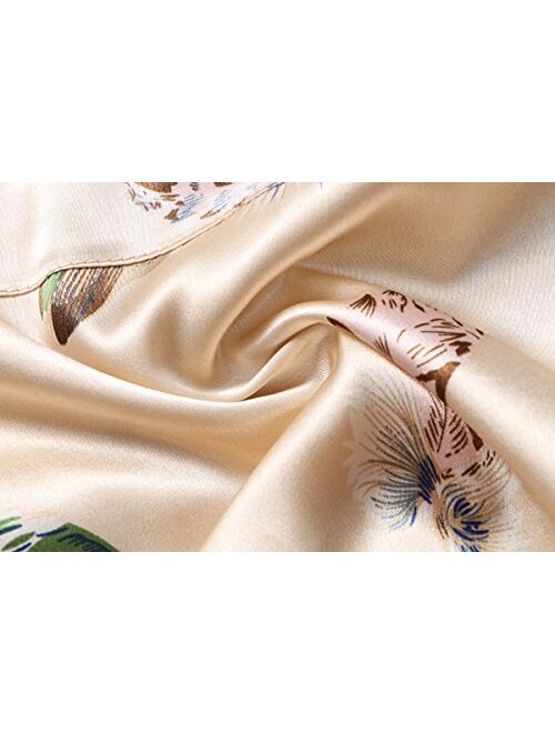 Old-to-new Women's Long Kimono Robe Lightweight Silk Bathrobe Nightgown with Pockets