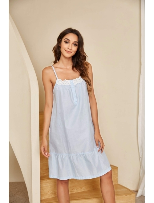 Ekouaer Sleepwear Sleeveless Nightgown Cotton Sleep Dress Victorian Sleepshirt Strap Gown for Women S-XXL
