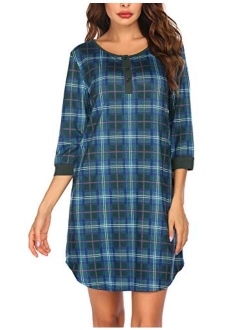 Women's Nightgown Plaid Nightdress 3/4 Sleeve Sleepshirt Button Down Sleep Dress S-XXL