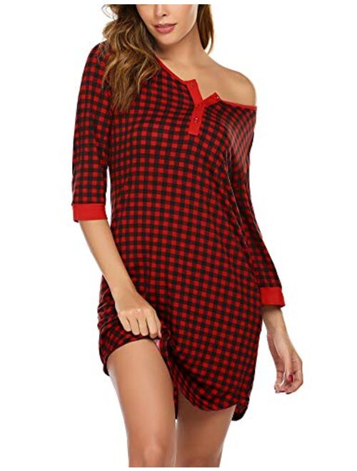 Ekouaer Women's Nightgown Plaid Nightdress 3/4 Sleeve Sleepshirt Button Down Sleep Dress S-XXL