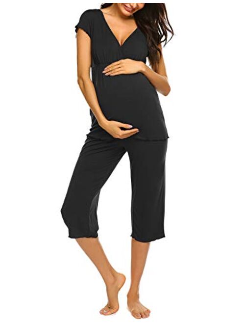 Ekouaer Women Layered Maternity & Nursing Pajama Capri Set Cotton Hospital PJS Set Pregnancy Breastfeeding Sleepwear(S-XXL)