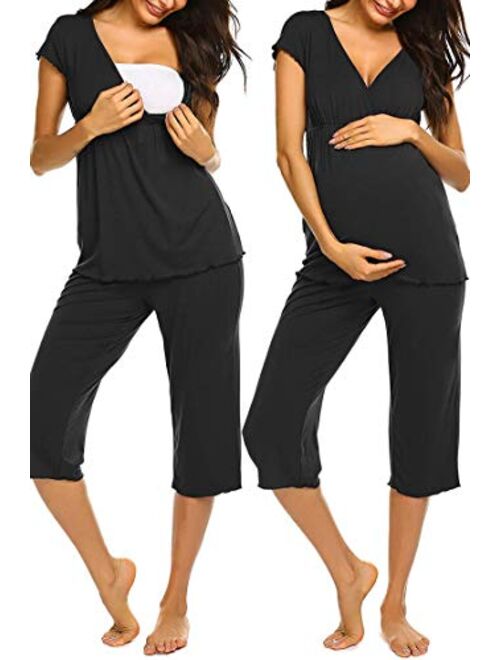 Ekouaer Women Layered Maternity & Nursing Pajama Capri Set Cotton Hospital PJS Set Pregnancy Breastfeeding Sleepwear(S-XXL)