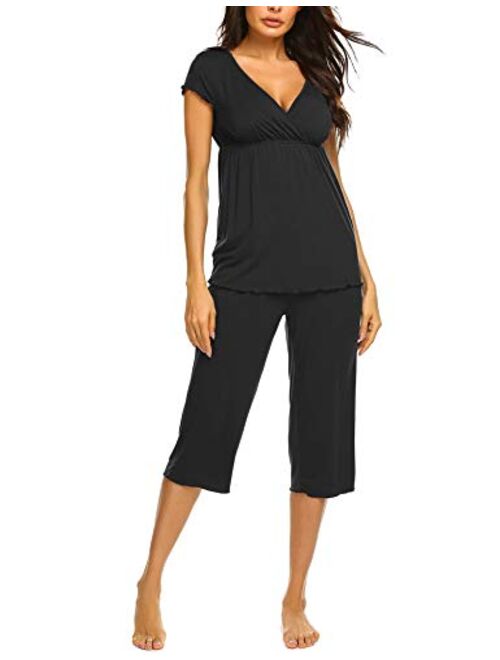 Ekouaer Women Layered Maternity & Nursing Pajama Capri Set Cotton Hospital PJS Set Pregnancy Breastfeeding Sleepwear(S-XXL)