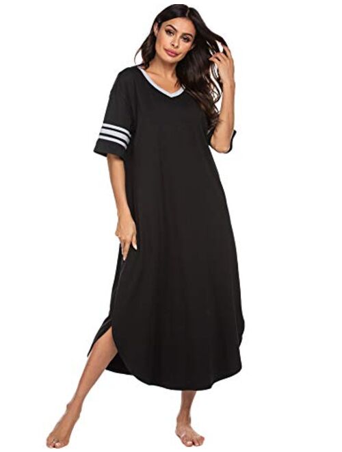 Ekouaer Long Nightgown, Womens V Neck Loungewear Oversized Sleepwear Loose Sleep Dress