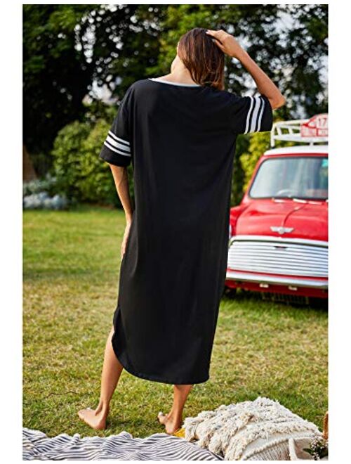 Ekouaer Long Nightgown, Womens V Neck Loungewear Oversized Sleepwear Loose Sleep Dress
