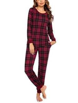 Women's Pajama Set Plaid Pj Long Sleeve Sleepwear Soft Contrast 2 Piece Lounge Sets