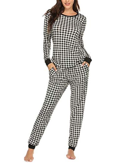 Ekouaer Women's Pajama Set Plaid Pj Long Sleeve Sleepwear Soft Contrast 2 Piece Lounge Sets