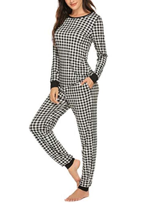 Ekouaer Women's Pajama Set Plaid Pj Long Sleeve Sleepwear Soft Contrast 2 Piece Lounge Sets