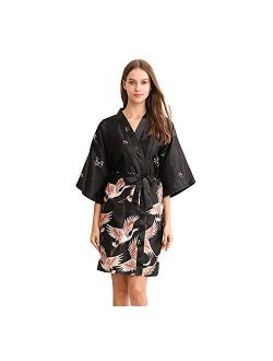 Algerc Women Kimono Robes Satin Dressing Gown Crane and Blossoms Sleep Lounge Nightwear Short Silk Bride Bridesmaid Robe