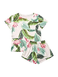 Women's Soft Pajama Sets Tropical Print T Shirt and Short Sleepwear Pjs Sets
