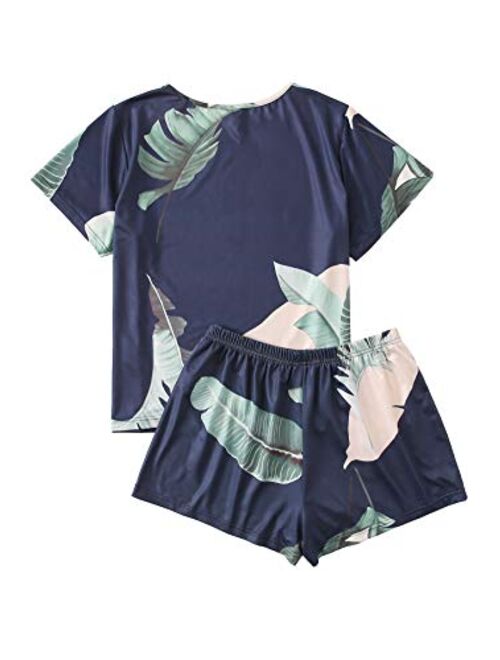 SweatyRocks Women's Soft Pajama Sets Tropical Print T Shirt and Short Sleepwear Pjs Sets