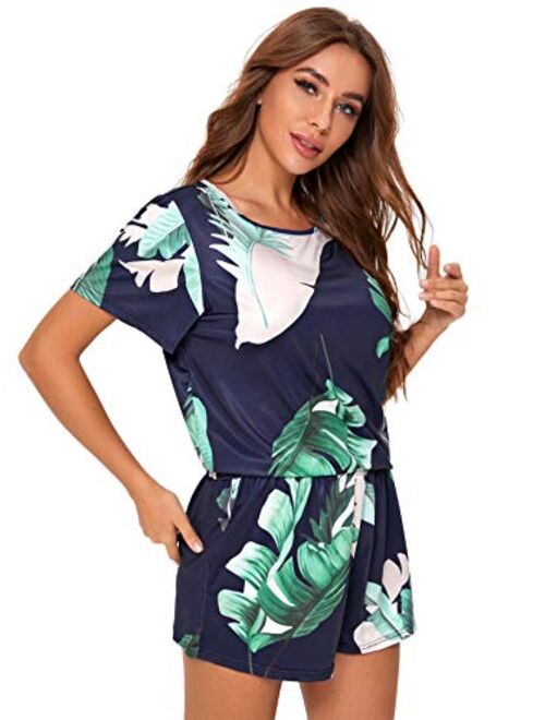 SweatyRocks Women's Soft Pajama Sets Tropical Print T Shirt and Short Sleepwear Pjs Sets