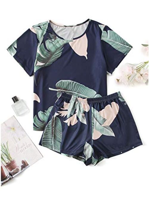 SweatyRocks Women's Soft Pajama Sets Tropical Print T Shirt and Short Sleepwear Pjs Sets