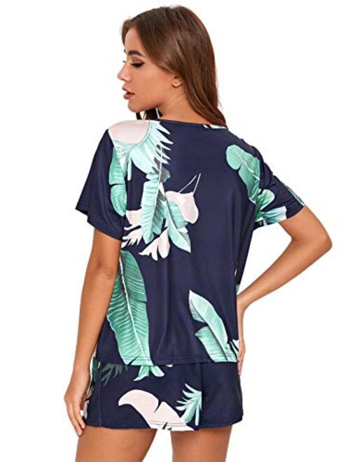 SweatyRocks Women's Soft Pajama Sets Tropical Print T Shirt and Short Sleepwear Pjs Sets