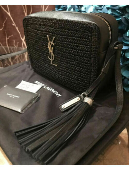 Yves Saint Laurent Stunner! 100% AUTH, NWT YSL Saint Laurent Medium Raffia Camera Bag Leather Black