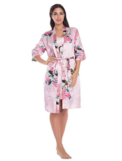 Women's Satin Floral Nightgown Loungewear Nightdress Camisole Robe 2PC Sleepwear Set