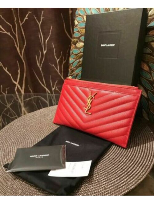 Yves Saint Laurent NWT YSL Saint Laurent Monogram Bill Pouch wallet card holder clutch handbag Red