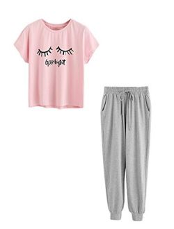 DIDK Women's Cartoon Print Top and Polka Dots Pants Pajama Set