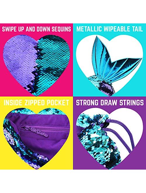 GirlZone Mermaid Tail Reversible Sequin Drawstring Backpack Bag for Girls, Purple and Turquoise Sequins, Great Gift For Girls