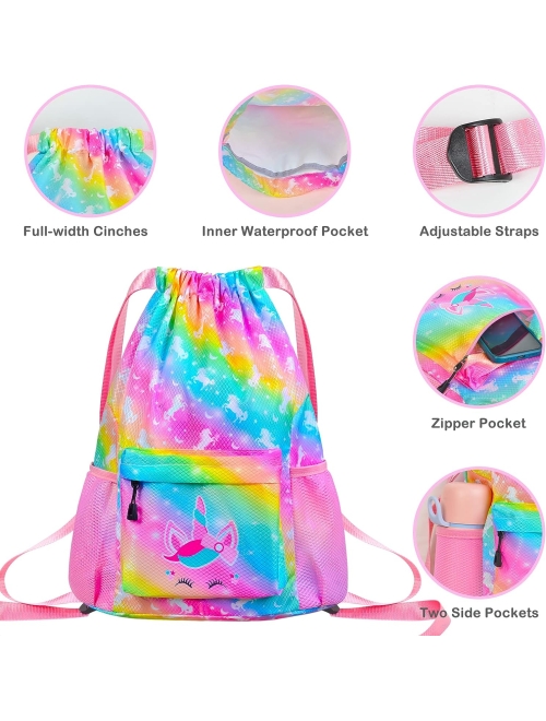 AuSleti Waterproof Drawstring Bag, Waterproof Backpack, Gym Bag Sackpack Sports Backpack for Kids Girls, Rainbow Unicorns Gifts for Girl Drawstring Backpack