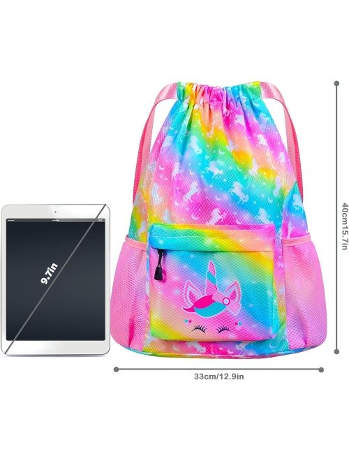 AuSleti Waterproof Drawstring Bag, Waterproof Backpack, Gym Bag Sackpack Sports Backpack for Kids Girls, Rainbow Unicorns Gifts for Girl Drawstring Backpack