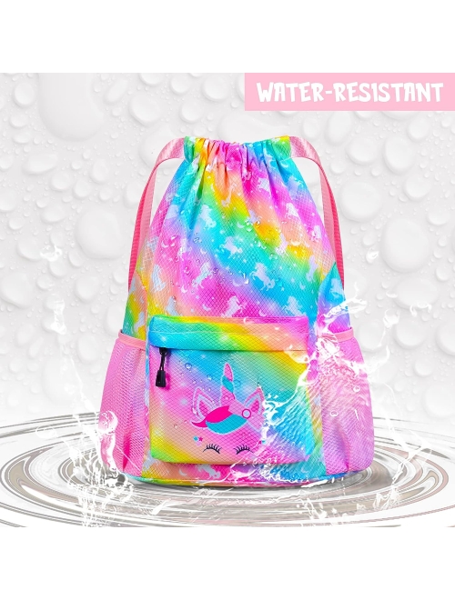 AuSleti Waterproof Drawstring Bag, Waterproof Backpack, Gym Bag Sackpack Sports Backpack for Kids Girls, Rainbow Unicorns Gifts for Girl Drawstring Backpack