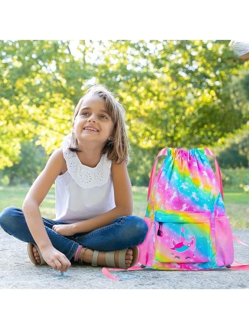 AuSleti Waterproof Drawstring Bag, Waterproof Backpack, Gym Bag Sackpack Sports Backpack for Kids Girls, Rainbow Unicorns Gifts for Girl Drawstring Backpack