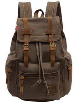P.KU.VDSL Canvas Vintage Backpack, Leather Hiking Daypack Laptop Travel Backpacks Bag