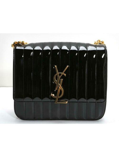 YVES SAINT LAURENT Black Patent Vicky Crossbody Handbag Gold Monogram YSL Bag