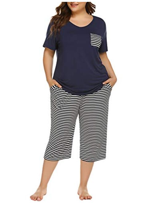 IN'VOLAND Womens Plus Size Pajama Set Capri Pants Striped Short Sleeve Pj Sets Sleepwear Set with Pockets