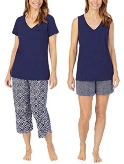 Carole Hochman Women's 4 Piece Pajama Set - Tank Top, Short Sleeve Top, Short, and Capri Pant