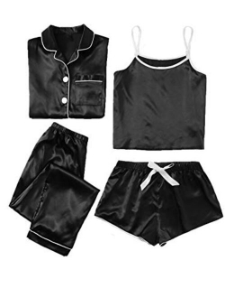Women's Sleepwear 4pcs Satin Cami with Shirt Pajama Set