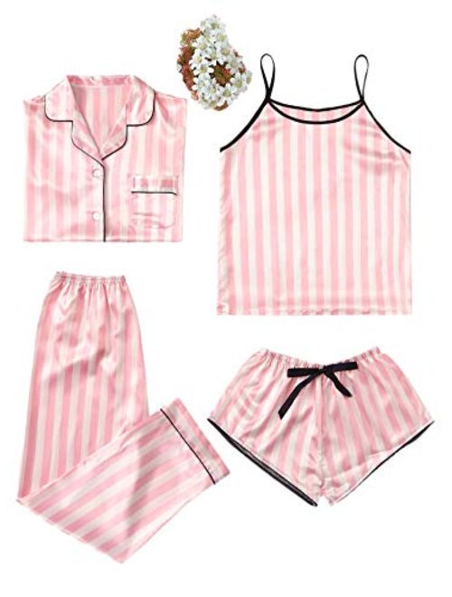 WDIRARA Women's Sleepwear 4pcs Satin Cami with Shirt Pajama Set