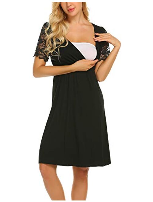 MAXMODA Womens Maternity Gowns Short Sleeve Nightgowns Lace Nursing Sleepwear Breastfeeding Nightshirts, S-XXL