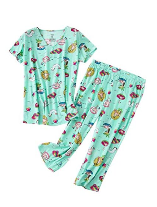Aoymay Women's Pajama Sets Short Tops with Capri Pants Cotton Sleepwear Ladies Sleep Sets