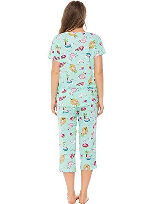 Aoymay Women's Pajama Sets Short Tops with Capri Pants Cotton Sleepwear Ladies Sleep Sets