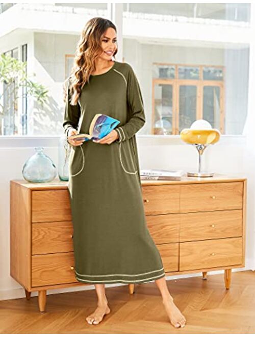 Ekouaer Women's Nightshirt Long Sleeve Nightgown Round Neck Sleepwear Full Length Pajama Dress with Pockets Loungewear S-XXL