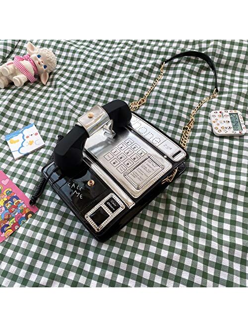 Kuang Women Reflective Laser Fashion Telephone Shaped Shoulder Bag Ladies Funny Crossbody Bag Chain Purse for Girls