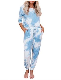 LookbookStore Women's Cozy Tie Dye Printed Knit Jumpsuit Loungewear Sleepwear Pajamas Long Joggers Pajamas Set