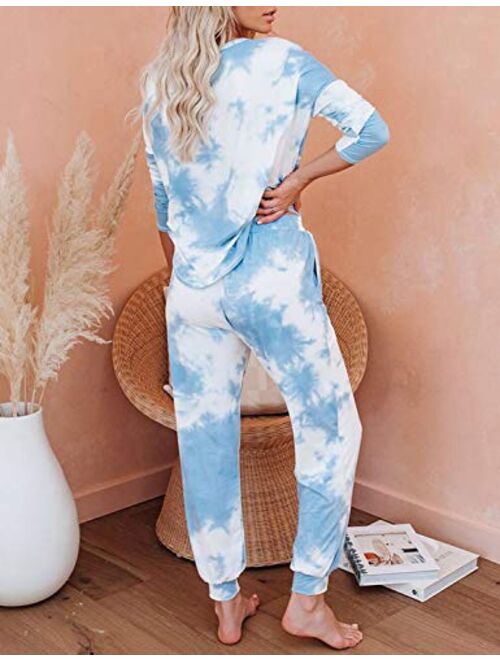 LookbookStore Women's Cozy Tie Dye Printed Knit Jumpsuit Loungewear Sleepwear Pajamas Long Joggers Pajamas Set