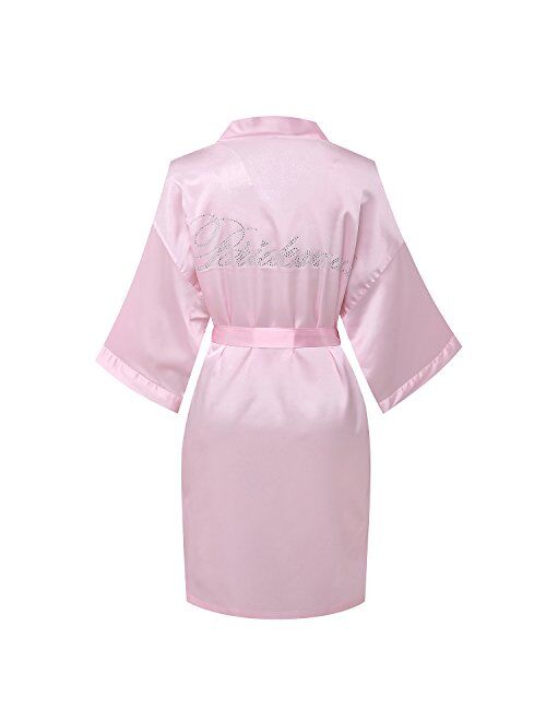 Joy Bridalc Satin Wedding Robes with Clear Rhinestones-Bride&Bridesmaid Edition Short Kimono