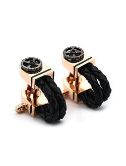 ZNYD Men's Leather Chain Cufflinks Copper Material Rose Gold Color
