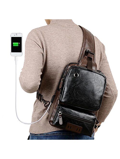 Men Vintage PU Leather CrossBody Sling Bag Large Capacity Casual Backpack USB Charge